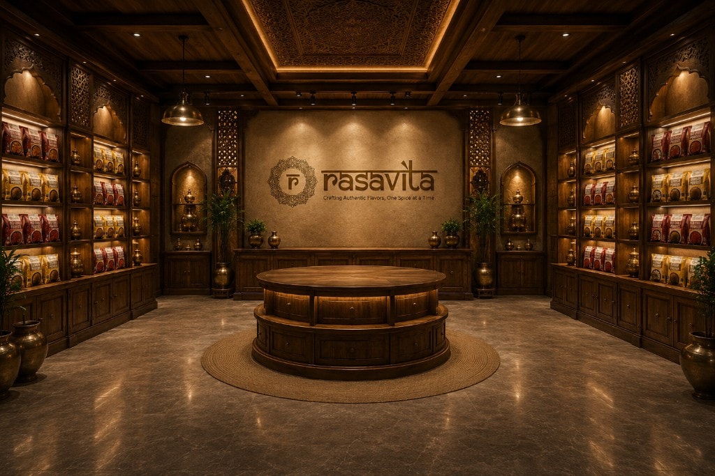 The Rasavita virtual spice showroom — a warm wooden gallery with arched shelves and a central display